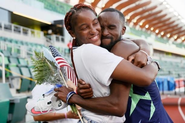Daniel Roberts celebrates with family members after placing third in the Men's 110 Meters Hurdles Semi-Finals on day nine of the 2020 U.S. Olympic...