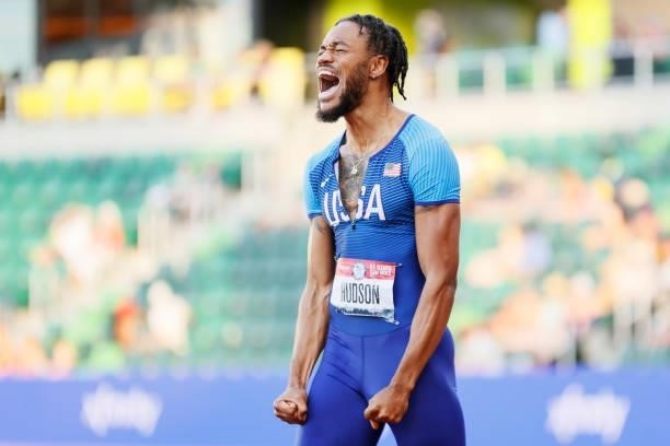 Andrew Hudson reacts after competing in the Men's 200 Meters Semi-Final on day nine of the 2020 U.S. Olympic Track & Field Team Trials at Hayward...