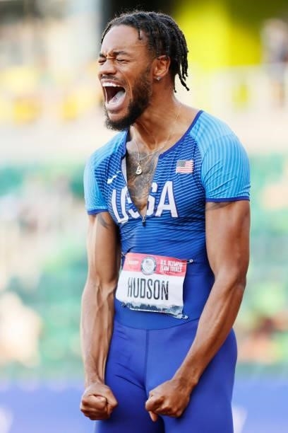 Andrew Hudson reacts after competing in the Men's 200 Meters Semi-Final on day nine of the 2020 U.S. Olympic Track & Field Team Trials at Hayward...