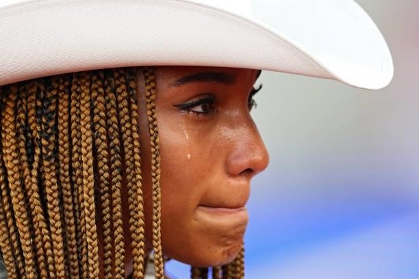 Tara Davis, second place in the Women's Long Jump Final, cries as she celebrates on day nine of the 2020 U.S. Olympic Track & Field Team Trials at...