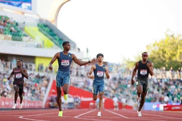 Erriyon Knighton, Terrance Laird and Josephus Lyles compete in the Men's 200 Meters Semi-Final on day nine of the 2020 U.S. Olympic Track & Field...