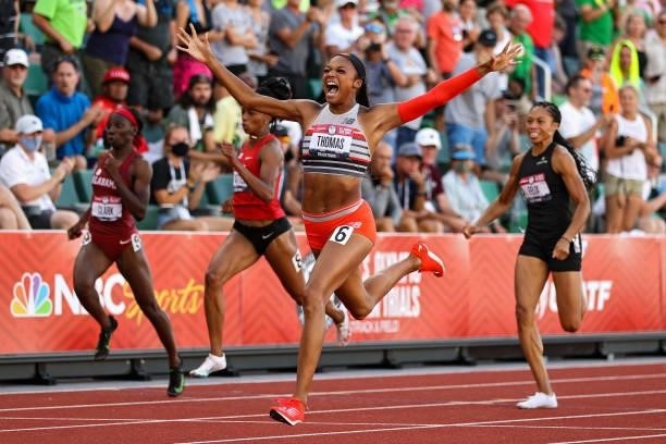 Gabby Thomas celebrates after crossing the finish line to win the Women's 200 Meters Final on day nine of the 2020 U.S. Olympic Track & Field Team...