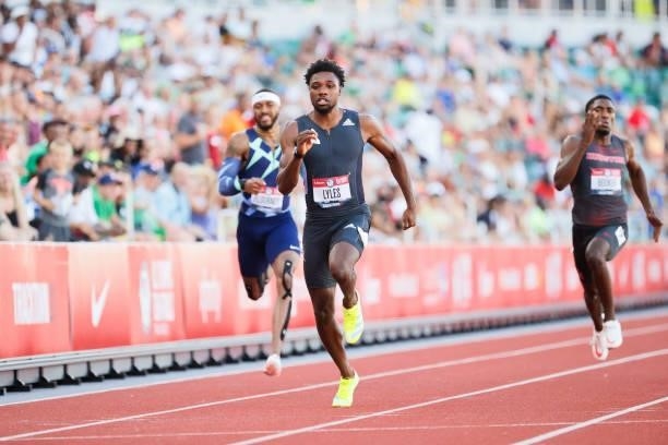 Noah Lyles competes in the Men's 200 Meters Semi-Final on day nine of the 2020 U.S. Olympic Track & Field Team Trials at Hayward Field on June 26,...
