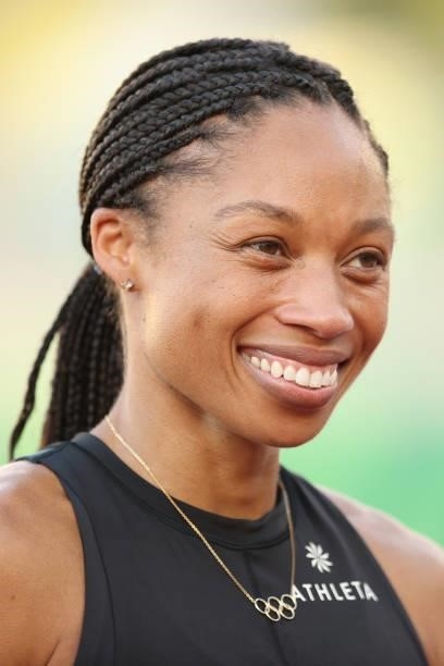 Allyson Felix looks on during day nine of the 2020 U.S. Olympic Track & Field Team Trials at Hayward Field on June 26, 2021 in Eugene, Oregon.