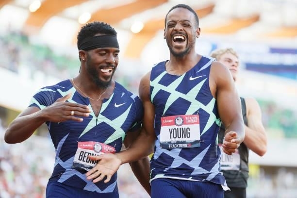 Kenny Bednarek and Isiah Young celebrate after the Men's 200 Meters Semi-Finals on day nine of the 2020 U.S. Olympic Track & Field Team Trials at...