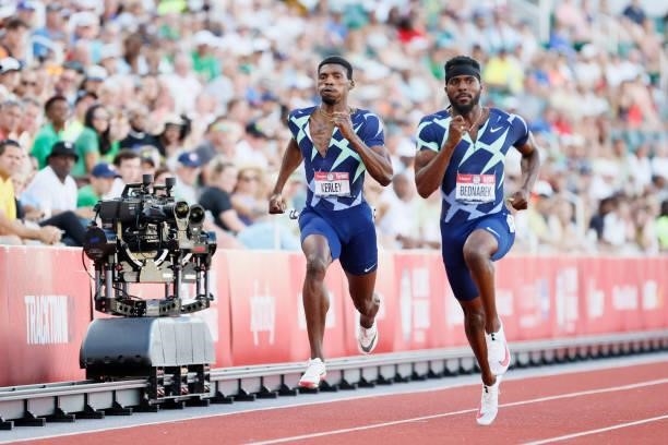 Fred Kerley and Kenny Bednarek compete in the Men's 200 Meters Semi-Finals on day nine of the 2020 U.S. Olympic Track & Field Team Trials at Hayward...