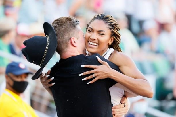 Tara Davis, second place in the Women's Long Jump Final, celebrates with boyfriend and Paralympian Hunter Woodhall on day nine of the 2020 U.S....