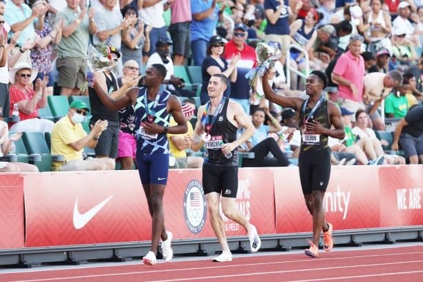 Rai Benjamin, first, Kenny Selmon, second, and David Kendziera, third celebrate after the Men's 400 Meters Hurdles Finals on day nine of the 2020...