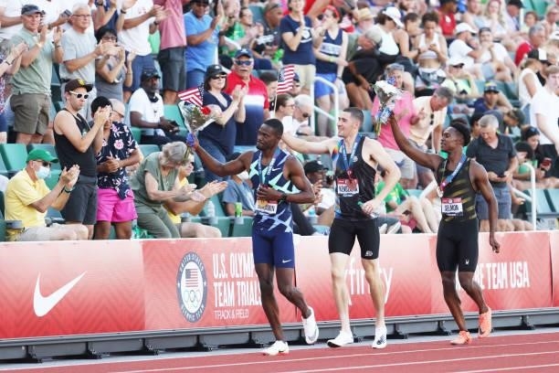 Rai Benjamin, first, Kenny Selmon, second, and David Kendziera, third, celebrate after the Men's 400 Meters Hurdles Finals on day nine of the 2020...