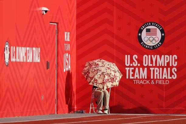 An umbrella is used for shade in the heat on day nine of the 2020 U.S. Olympic Track & Field Team Trials at Hayward Field on June 26, 2021 in Eugene,...