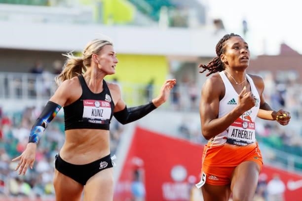 Michelle Atherley and Annie Kunz cross the finish line in the Women's Heptathlon 200 Meters on day nine of the 2020 U.S. Olympic Track & Field Team...