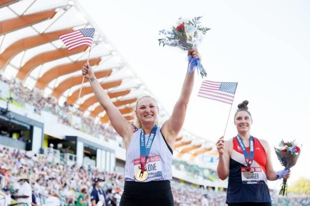 Maggie Malone, first, and Kara Winger, second, celebrate after the Women's Javelin Throw Final on day nine of the 2020 U.S. Olympic Track & Field...