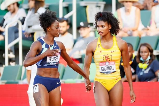Ashley Spencer and Anna Cockrell react after competing in the Women's 400 Meters Hurdles Semi-Finals on day nine of the 2020 U.S. Olympic Track &...