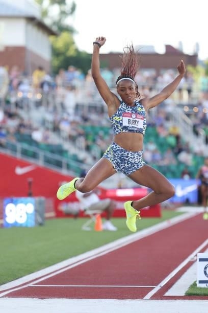 Quanesha Burks competes in the Women's Long Jump Final on day nine of the 2020 U.S. Olympic Track & Field Team Trials at Hayward Field on June 26,...