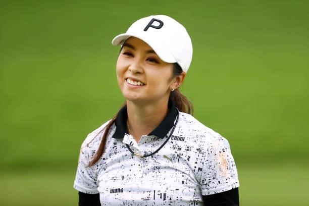 Erika Kikuchi of Japan reacts after her second shot on the 18th hole during the final round of the Earth Mondamin Cup at Camellia Hills Country Club...