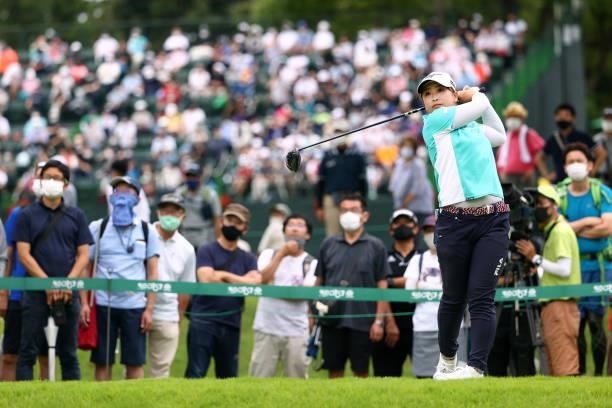 Mao Saigo of Japan hits her tee shot on the 17th hole during the final round of the Earth Mondamin Cup at Camellia Hills Country Club on June 27,...
