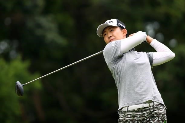 Yoko Maeda of Japan hits her tee shot on the 11th hole during the final round of the Earth Mondamin Cup at Camellia Hills Country Club on June 27,...