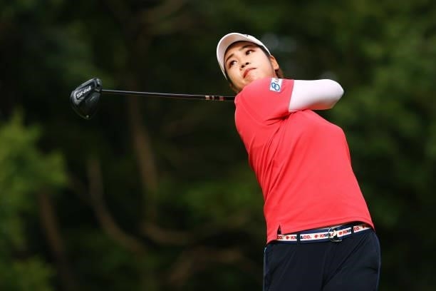 Mayu Hamada of Japan hits her tee shot on the 11th hole during the final round of the Earth Mondamin Cup at Camellia Hills Country Club on June 27,...