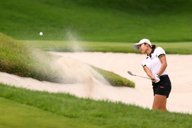 Bo-mee Lee of South Korea hits out from a bunker on the 16th hole during the final round of the Earth Mondamin Cup at Camellia Hills Country Club on...