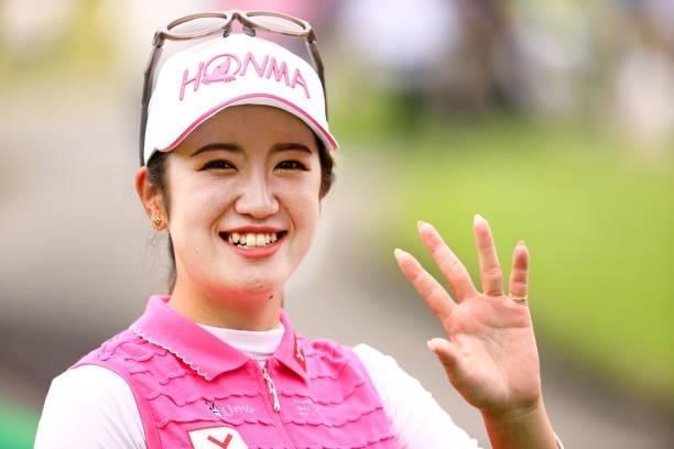 Nanoko Hayashi of Japan waves during the final round of the Earth Mondamin Cup at Camellia Hills Country Club on June 27, 2021 in Sodegaura, Chiba,...