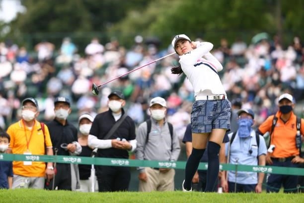 Kotone Hori of Japan hits her tee shot on the 17th hole during the final round of the Earth Mondamin Cup at Camellia Hills Country Club on June 27,...