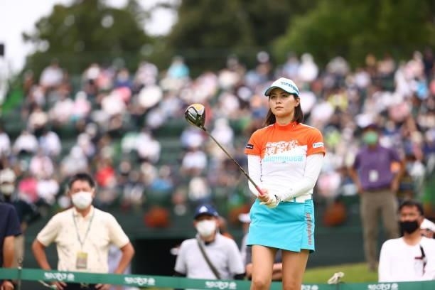 Hina Arakaki of Japan is seen before her tee shot on the 17th hole during the final round of the Earth Mondamin Cup at Camellia Hills Country Club on...