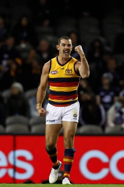 Taylor Walker of the Crows celebrates a goal during the round 15 AFL match between the Carlton Blues and the Adelaide Crows at Marvel Stadium on June...