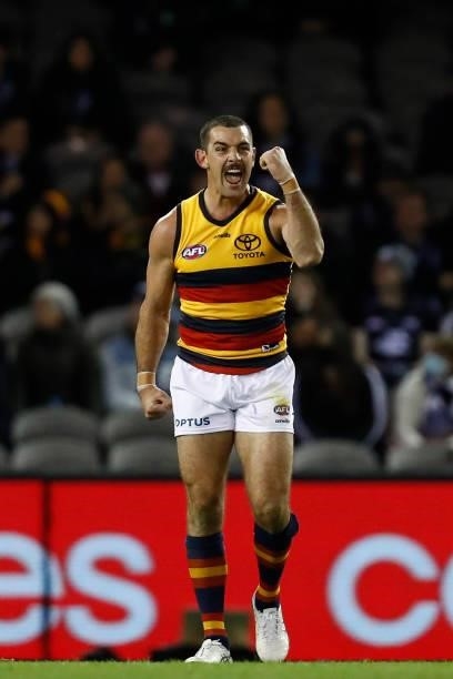 Taylor Walker of the Crows celebrates a goal during the round 15 AFL match between the Carlton Blues and the Adelaide Crows at Marvel Stadium on June...