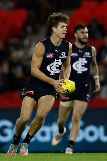 Paddy Dow of the Blues runs with the ball during the round 15 AFL match between the Carlton Blues and the Adelaide Crows at Marvel Stadium on June...