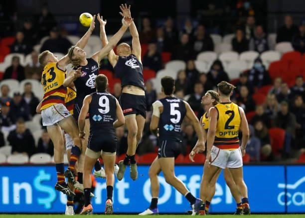 Liam Jones of the Blues attempts to mark the ball during the round 15 AFL match between the Carlton Blues and the Adelaide Crows at Marvel Stadium on...