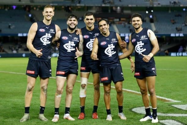 Indigenous players Liam Jones, Zac Williams, Jack Martin, Eddie Betts and Sam Petrevski-Seton of the Blues pose for a photo after the round 15 AFL...