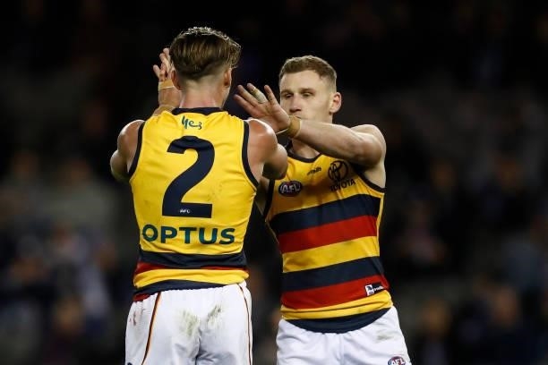 Ben Keys and Rory Laird of the Crows celebrate a goal during the round 15 AFL match between the Carlton Blues and the Adelaide Crows at Marvel...