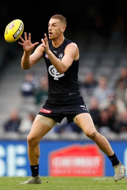 Liam Jones of the Blues marks the ball during the round 15 AFL match between the Carlton Blues and the Adelaide Crows at Marvel Stadium on June 27,...