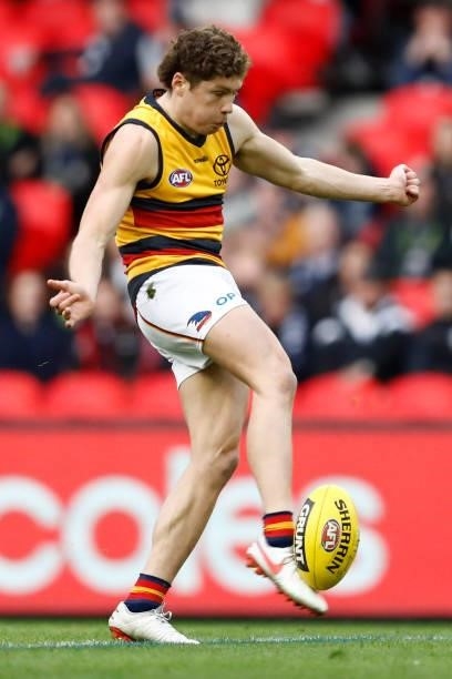 Harry Schoenberg of the Cows kicks the ball during the round 15 AFL match between the Carlton Blues and the Adelaide Crows at Marvel Stadium on June...