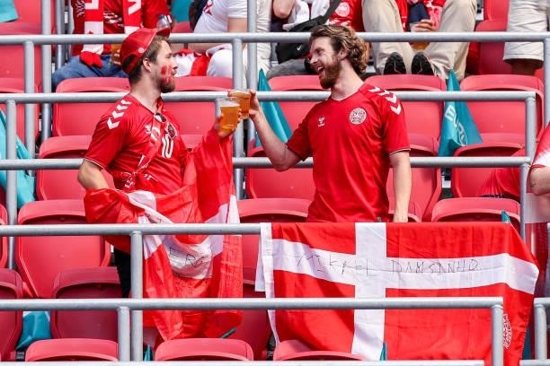Fans of Denmark during the UEFA Euro 2020 Championship 1/8 final match between Wales and Denmark at the Johan Cruijff ArenA on June 26, 2021 in...
