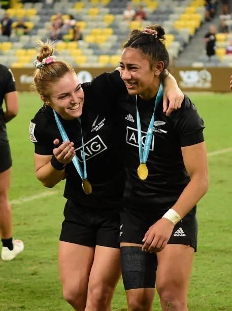 Michaela Blyde and Risaleaana Pouri-Lane of New Zealand celebrate after winning the Oceania Sevens Challenge at Queensland Country Bank Stadium on...