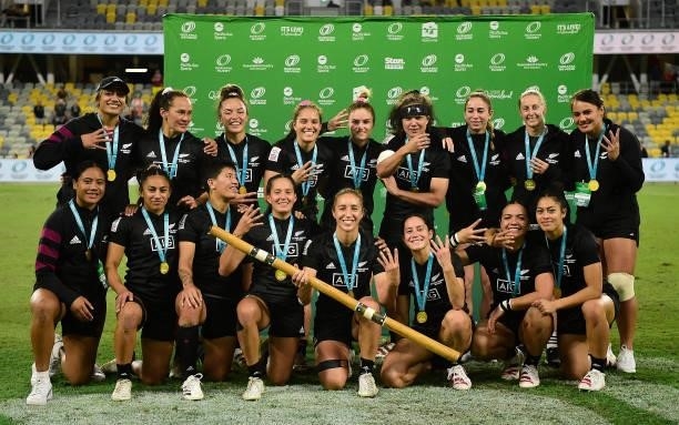 The New Zealand team pose for a photo after winning the Oceania Sevens Challenge at Queensland Country Bank Stadium on June 27, 2021 in Townsville,...