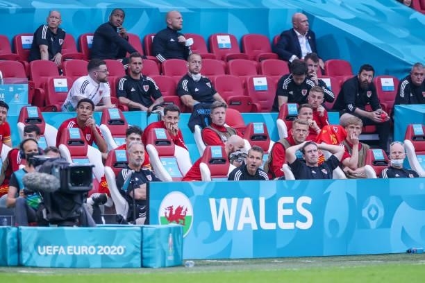 Substitutes of Wales during the UEFA Euro 2020 Championship 1/8 final match between Wales and Denmark at the Johan Cruijff ArenA on June 26, 2021 in...