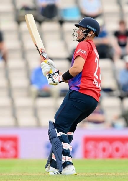 Liam Livingstone of England scoops during the T20 International Series Third T20I match between England and Sri Lanka at The Ageas Bowl on June 26,...