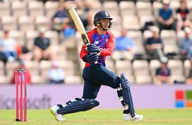 Sam Curran of England hits runs during the T20 International Series Third T20I match between England and Sri Lanka at The Ageas Bowl on June 26, 2021...
