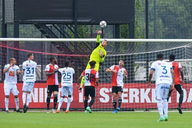 Goalkeeper Justin Bijlow makes a save during the friendly match between Feyenoord and KAA Gent at Varkenoord on June 26, 2021 in Rotterdam,...