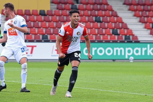 Naoufal Bannis of Feyenoord celebrates after scoring his teams first goal during the friendly match between Feyenoord and KAA Gent at Varkenoord on...