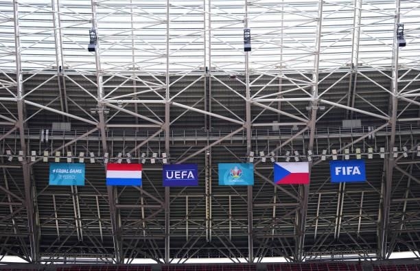 Selection of flags are seen hanging from the stadium prior to the UEFA Euro 2020 Championship Round of 16 match between Netherlands and Czech...