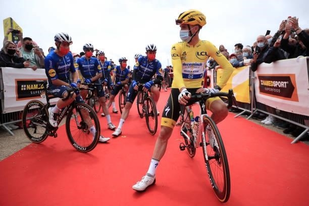 Julian Alaphilippe of France and Team Deceuninck - Quick-Step Yellow Leader Jersey at start and Teammates during the 108th Tour de France 2021, Stage...