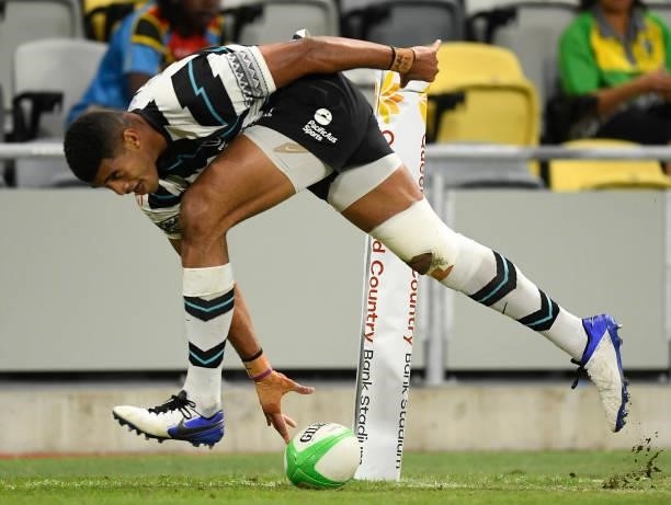 Meli Derenalagi of Fiji scores a try during the Oceania Sevens Challenge match between New Zealand and Fiji at Queensland Country Bank Stadium on...