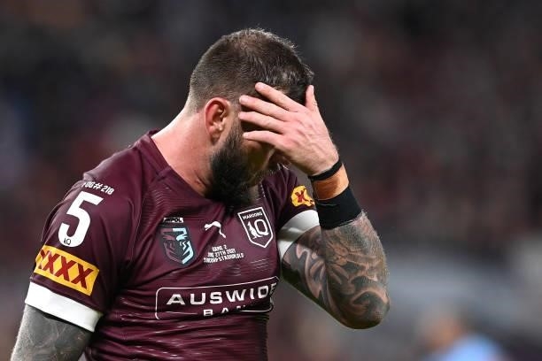 Kyle Feldt of the Maroons reacts during game two of the 2021 State of Origin series between the Queensland Maroons and the New South Wales Blues at...