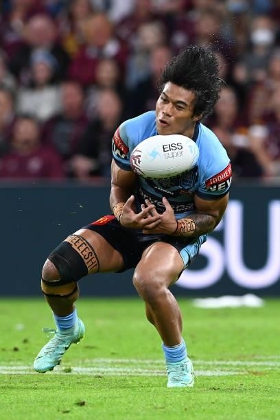 Brian To'o of the Blues drops the ball during game two of the 2021 State of Origin series between the Queensland Maroons and the New South Wales...