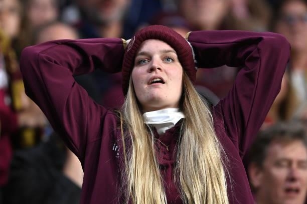 Maroons fan reacts during game two of the 2021 State of Origin series between the Queensland Maroons and the New South Wales Blues at Suncorp Stadium...