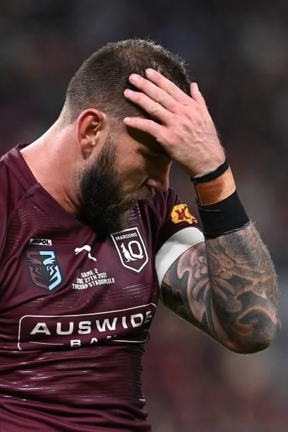 Kyle Feldt of the Maroons reacts during game two of the 2021 State of Origin series between the Queensland Maroons and the New South Wales Blues at...