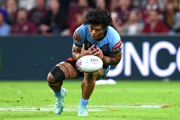Brian To'o of the Blues drops the ball during game two of the 2021 State of Origin series between the Queensland Maroons and the New South Wales...